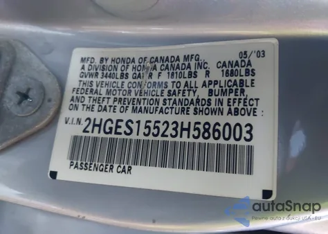 2003 Honda Civic Lx from USA, damaged, VIN 2HGES15523H586003